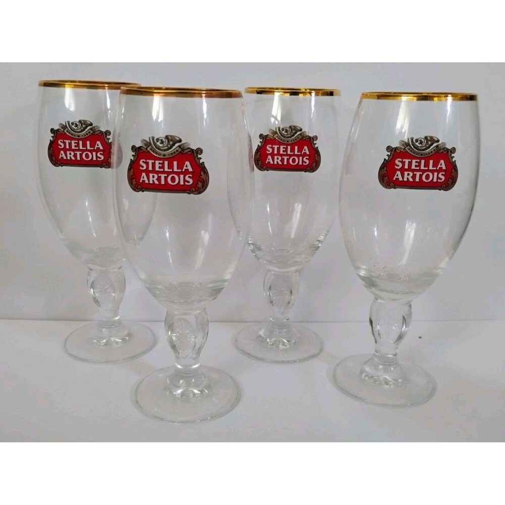 Lot of 4 Stella Artois Original Gold Rim Beer Glass Chalices 33cl Stemmed Set